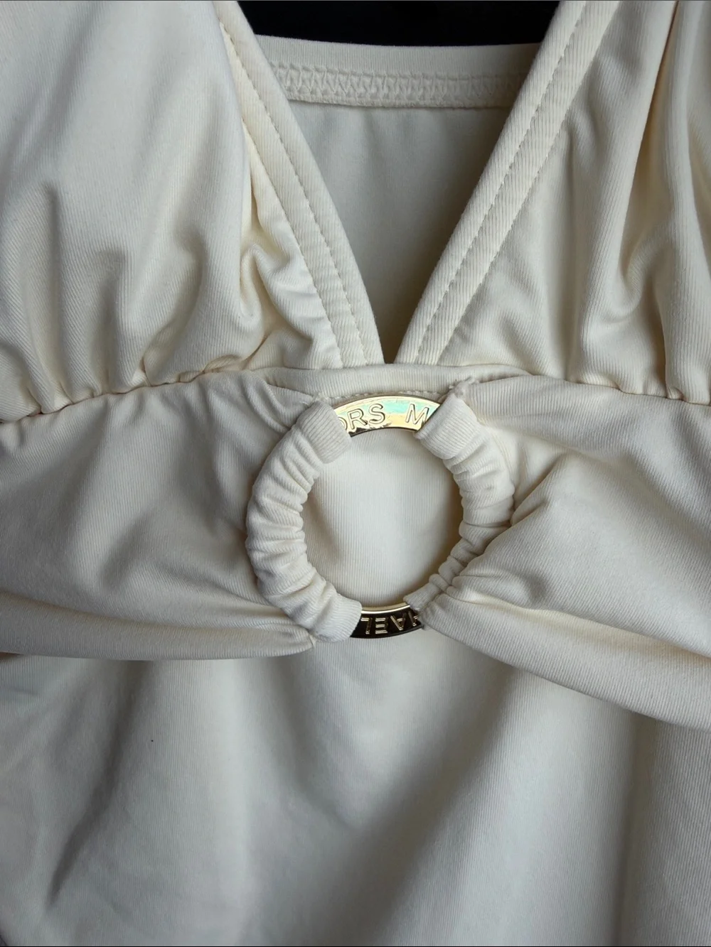 Michael Kors Cream V-Neck Bandeau Tankini with Ring Accent